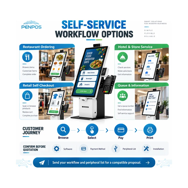 Self-service ordering kiosk workflows for restaurants retail hotel store queue and information applications