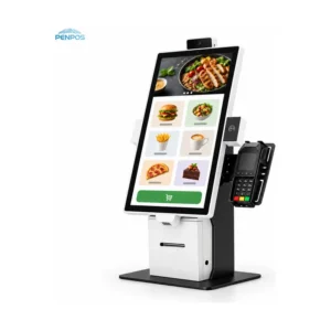 23.8 inch self service ordering kiosk POS with portrait touchscreen and optional payment terminal holder