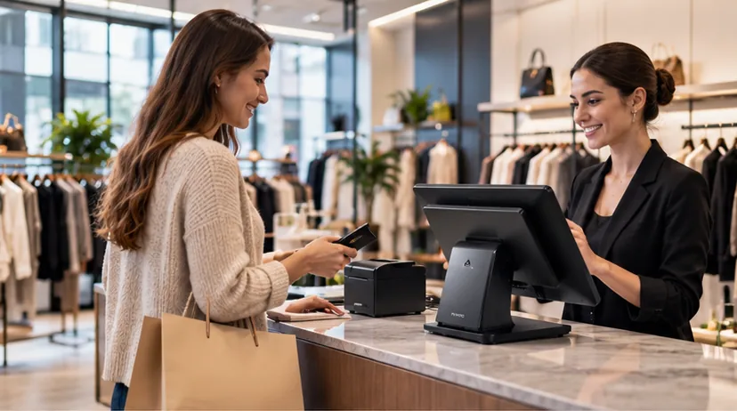 Illustrative boutique retail checkout using touchscreen POS hardware