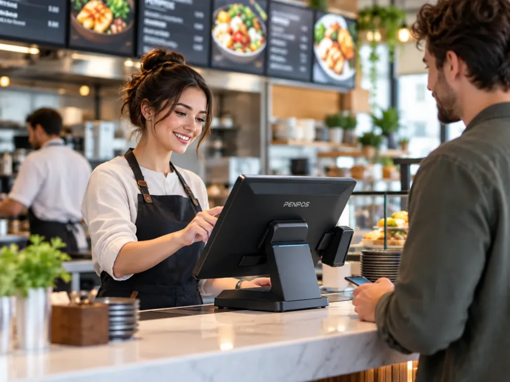 Illustrative cafe staff operating a point of sale terminal