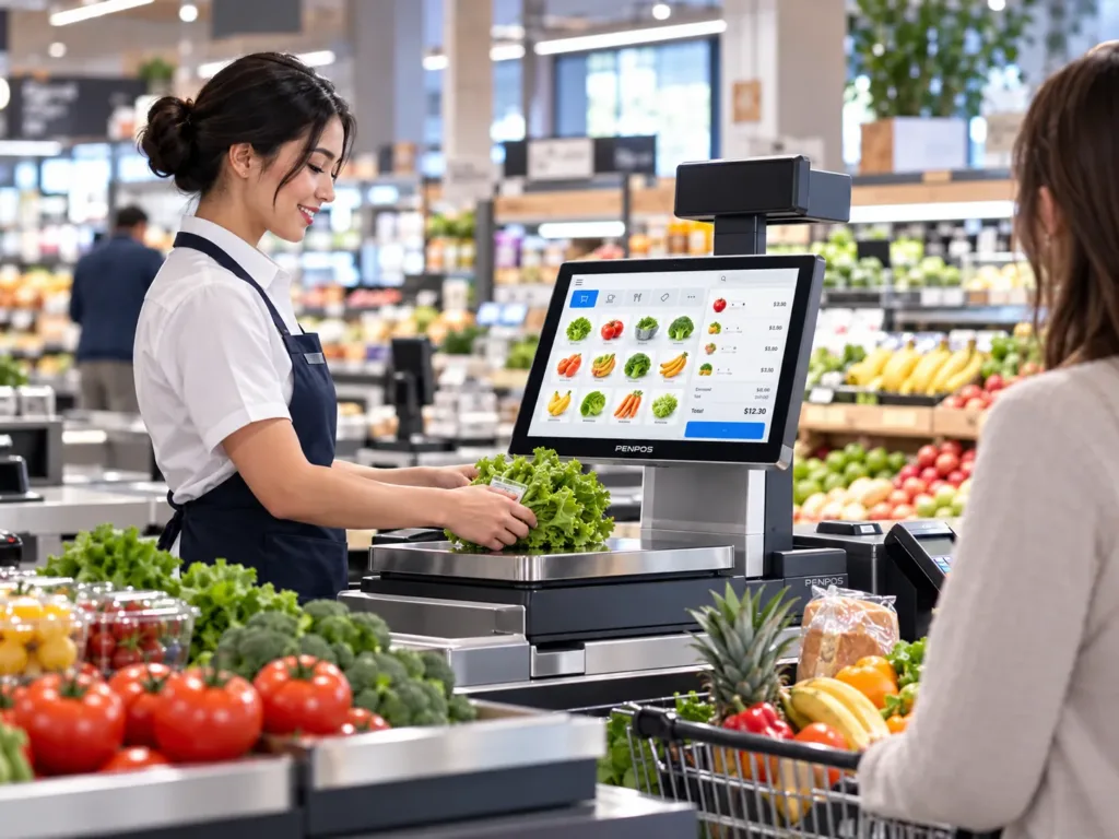 Illustrative fresh-food POS checkout and retail produce setting