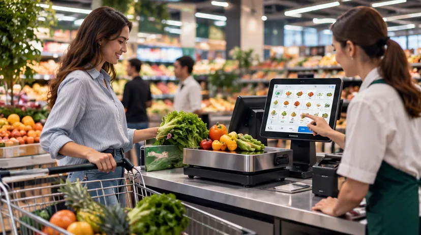 Illustrative supermarket checkout POS hardware and grocery shopping application