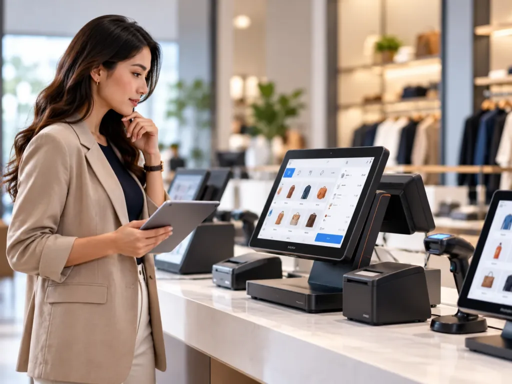 Illustrative POS hardware technician checking touchscreen terminal and device configuration