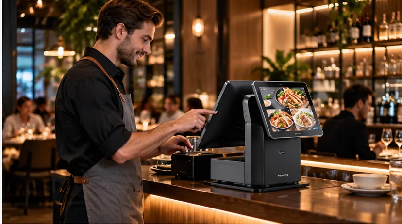 Illustrative restaurant countertop POS hardware in a cafe setting