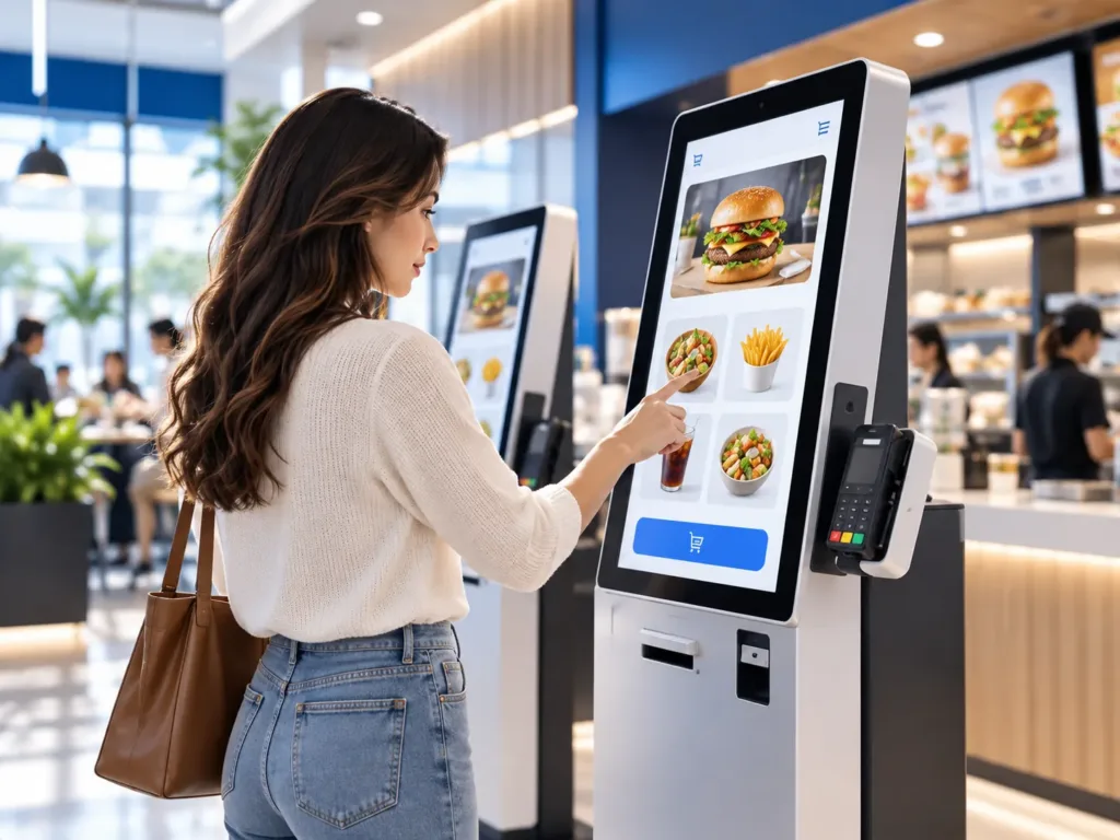 Illustrative customer using touchscreen self-service POS ordering kiosk